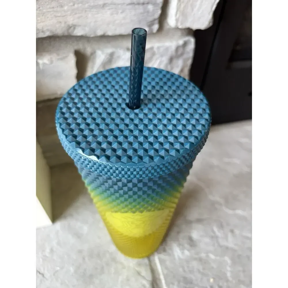 Fall 2023 Starbucks Studded Lemon Teal Gradient Cold Cup Tumbler 24oz Venti